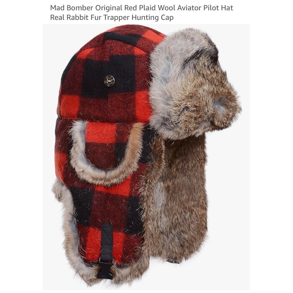 Mad Bomber Red Plaid Wool Aviator Hat Made with Rabbit Fur Trapper Hunting Cap L